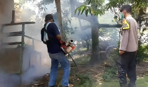 Tekan Peningkatan Penyakit DBD, Bhabinkamtibmas Polsek Sukoharjo Lakukan Fogging