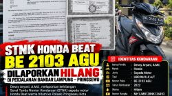 STNK Honda Beat Hitam BE 2103 AGU Hilang di Perjalanan Bandar Lampung–Pringsewu